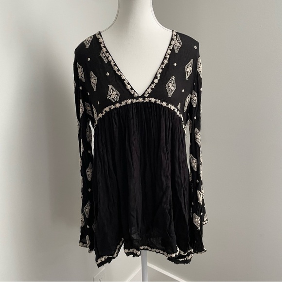 Free People Diamond Embroidered Smock Top Long Sleeve Whimsigoth Size Small - Picture 5 of 12